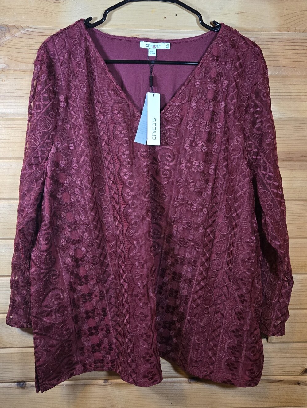 Chico's Embroidered Mesh Tunic Top Blouse Size 4 XXL 2XL Burgundy Boho Flowy NWT